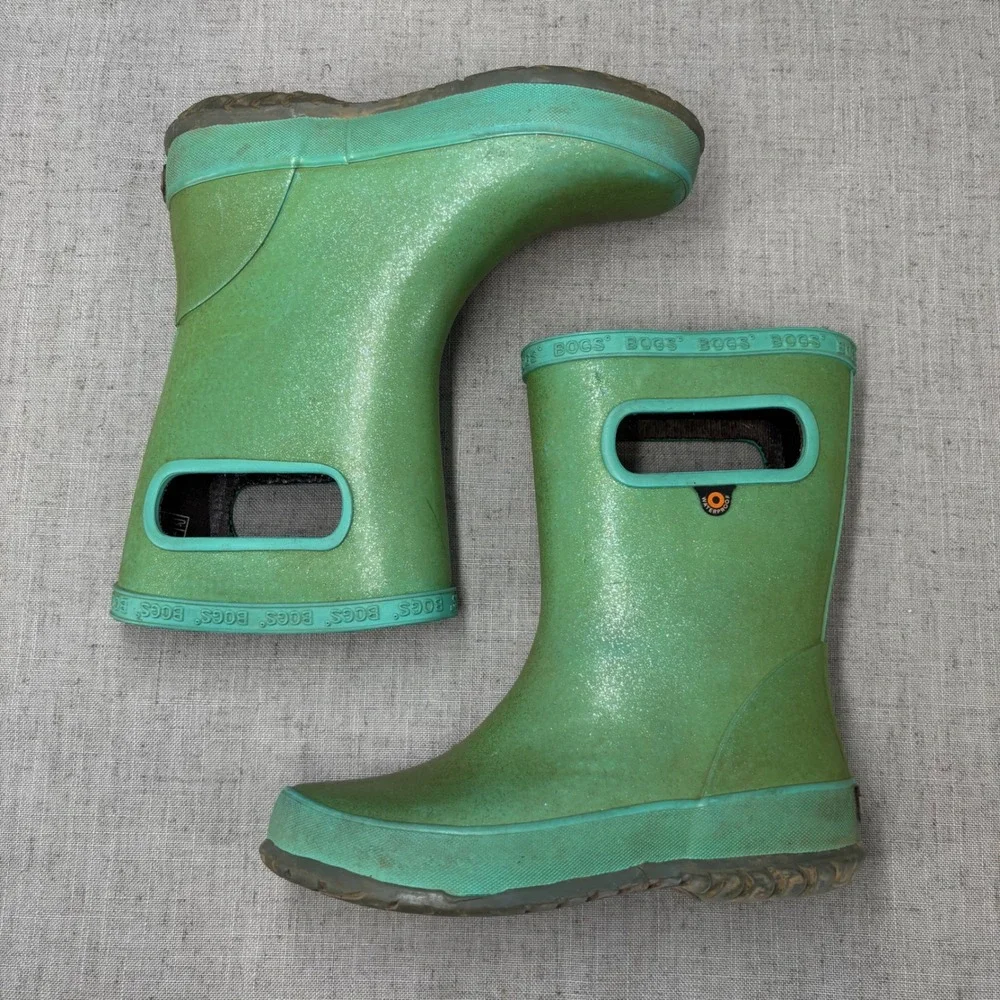 Bogs Skipper Glitter Green‎ Waterproof Rain Boots Pull On Outdoors Kids Size 13